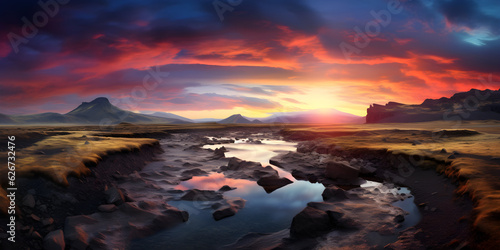 beautiful panoramic sunrise over the mountain river landscape