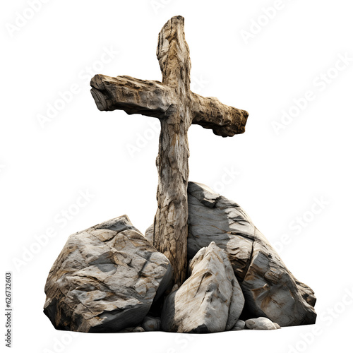 Fotografia, Obraz Christian stone cross on the stone isolated on transparent background, Generativ