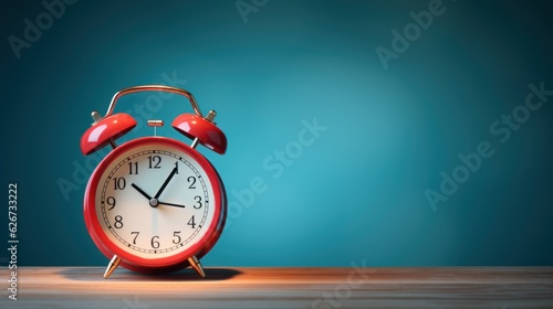 Vintage red alarm clock on wooden table and light blue background