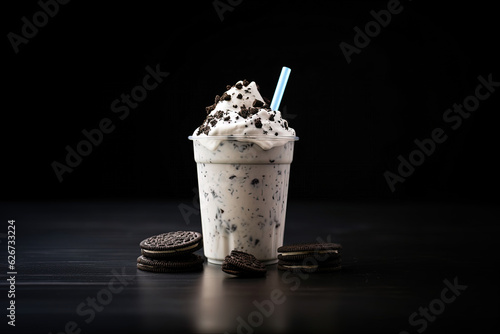 Cookies and cream milkshake in a takeaway cup isolated on dark background