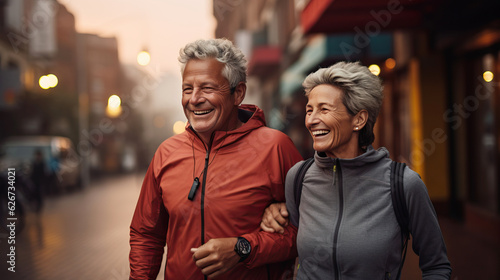 senior couple in park. jogging running, exercise morning background. AI Generated.