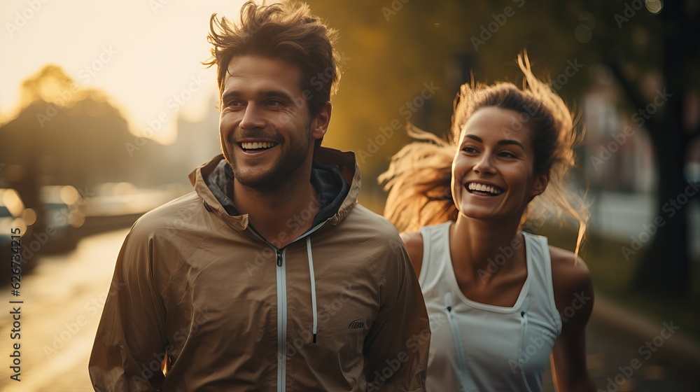 smile of couple in park. jogging running, exercise morning background. AI Generated. smile of couple in park. jogging running, exercise morning background. AI Generated.