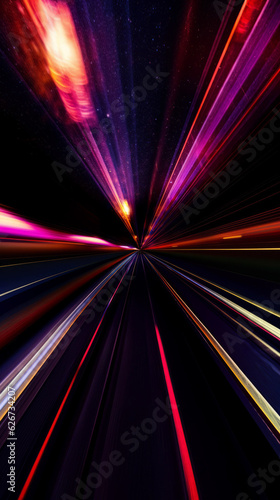 Ai artwork of abstract neon background. Fluorescent lines glowing in the dark dynamic. Neon tunnel. Generative ai.