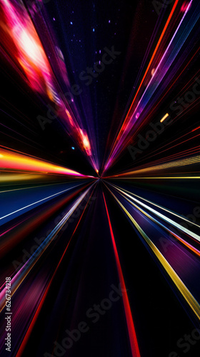 Ai artwork of abstract neon background. Fluorescent lines glowing in the dark dynamic. Neon tunnel. Generative ai.