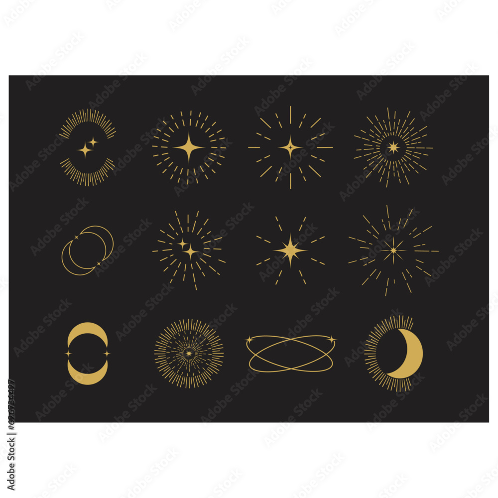 Fototapeta premium Collection of different gold sparkles icons.