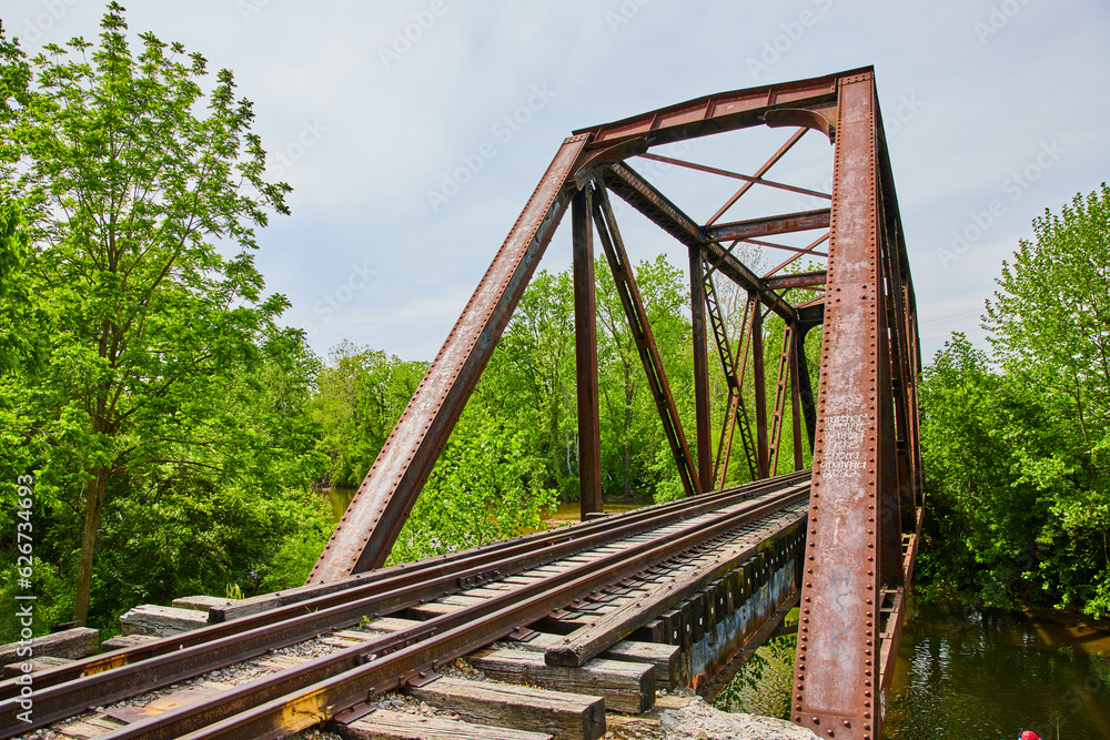 Old iron railroad bridge with train tracks leading into forest