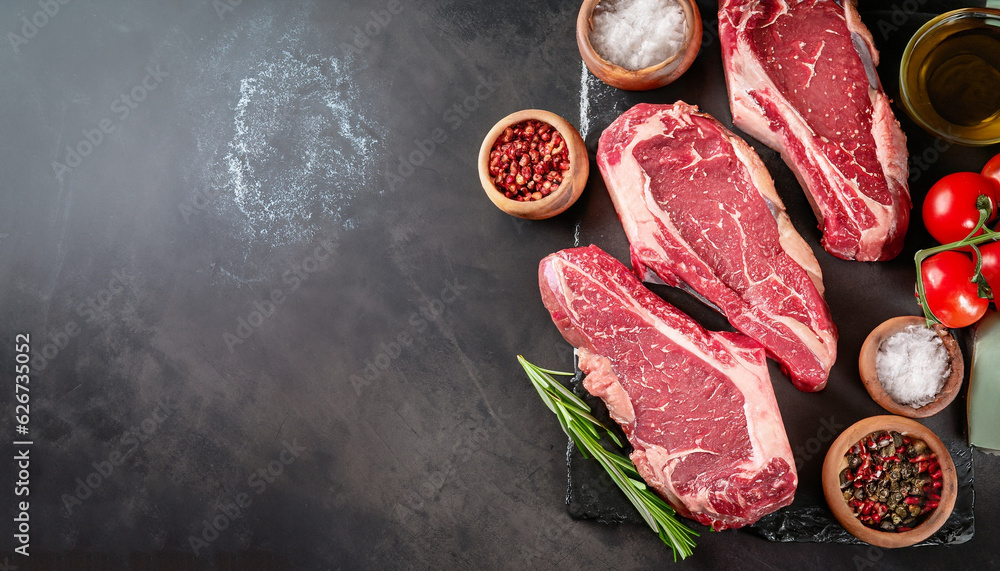 Raw fresh meat Top Blade steaks on dark background. with copy space