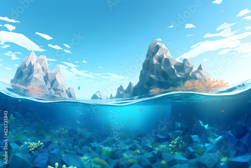 Low Poly Illustration of a underwater coral reef scene - Geometric Art