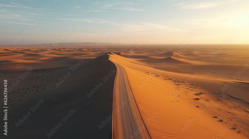 Desert Dune cliff sand landscape with clean blue sky. Minimal Desert natural background. Scene of Dry land Sand, dusty road without the end point, with Generative Ai.