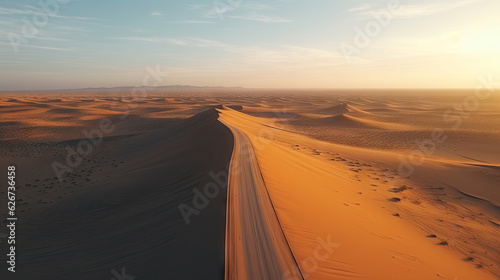 Desert Dune cliff sand landscape with clean blue sky. Minimal Desert natural background. Scene of Dry land Sand, dusty road without the end point, with Generative Ai.