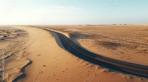 Desert Dune cliff sand landscape with clean blue sky. Minimal Desert natural background. Scene of Dry land Sand, dusty road without the end point, with Generative Ai.