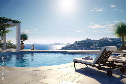 White Mediterranean Modern and luxury Hotel lounge building architecture design concept, summer villa house residence and private with swimming pool and sea view, resort, with Generative Ai.