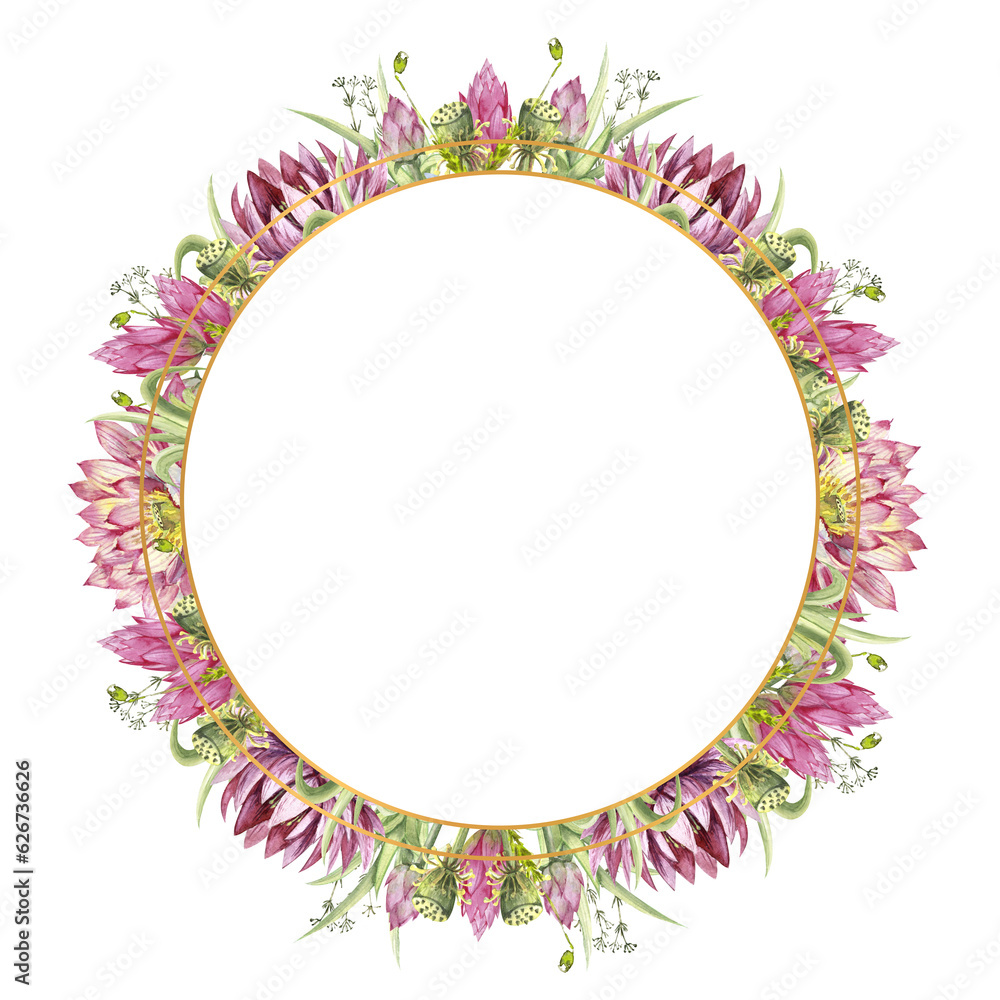 A round frame with flowers of water lilies and wild forest grasses. Watercolor illustration on a white background A round frame with flowers of water lilies and wild forest grasses. Watercolor illustration on a white background
