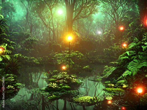 Tropical night forest with magic lights  Generative AI Illustration