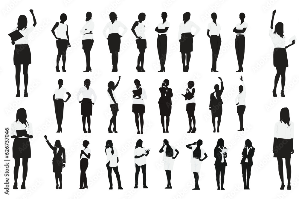 Set of businesswomen standing with different pose silhouette, isolated on white background. Set of businesswomen standing with different pose silhouette, isolated on white background.