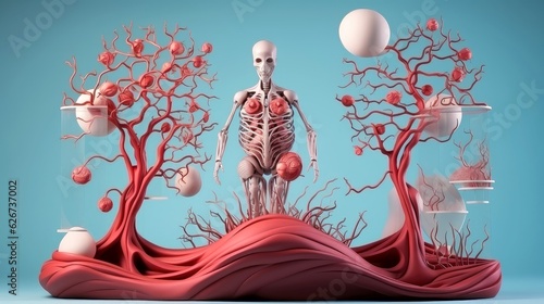 3D illustration of the human organ systems, Human internal organs. Anatomy. Nervous, circulatory, digestive, excretory, urinary,and bone systems. Medical education concept, Generative AI illustration