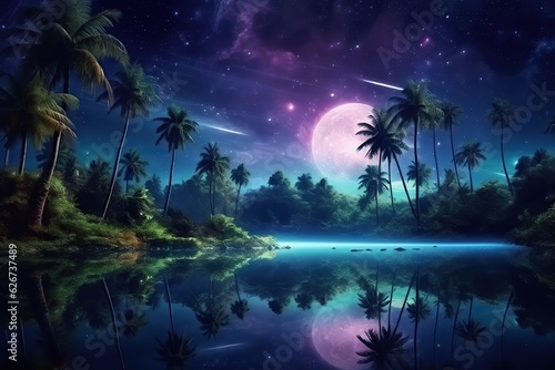 Night sea or ocean landscape moon and stars. Ai art