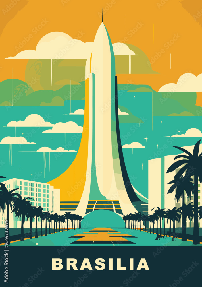 Brazil Brasilia retro city poster with abstract shapes of landmarks, buildings and monuments