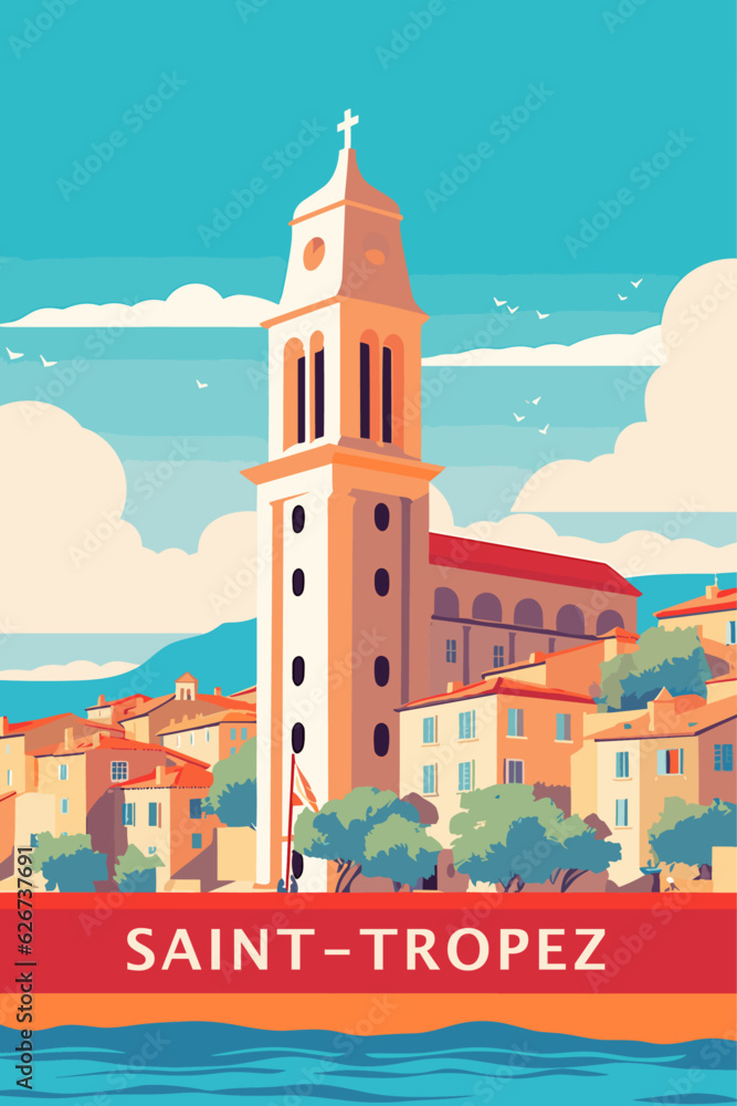 France Saint Tropez retro city poster with abstract shapes of landmarks, buildings and seaside. Vintage travel vector illustration Côte d'Azur