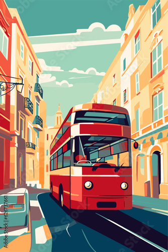 Retro city poster with abstract shapes of double-decker red bus for hop on hop off tours on a street in Southern Europe. Vintage travel sightseeing vector illustration