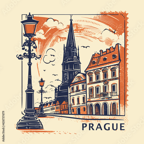Vintage post stamp for Prague Czech Republic. Hand drawn city skyline with landmarks, retro travel vector illustration