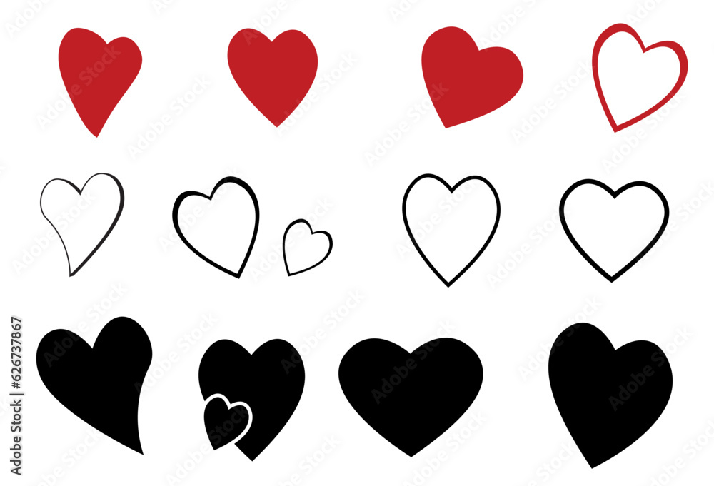 set of hearts icons, in red white and black