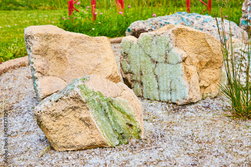 Glass coating rock and concrete like a geode with clear shards on ground and nearby pink flowers