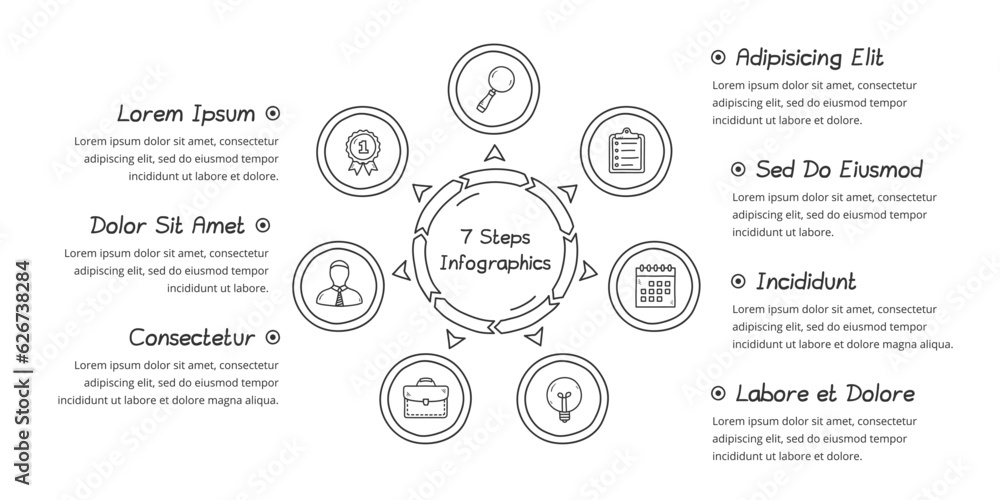 Fototapeta premium Doodle circle diagram with seven elements with place for icons and text, handdrawn infographic template, vector eps10 illustration