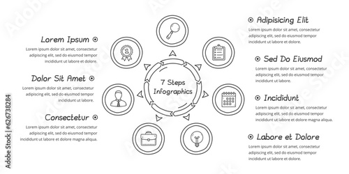 Doodle circle diagram with seven elements with place for icons and text, handdrawn infographic template, vector eps10 illustration