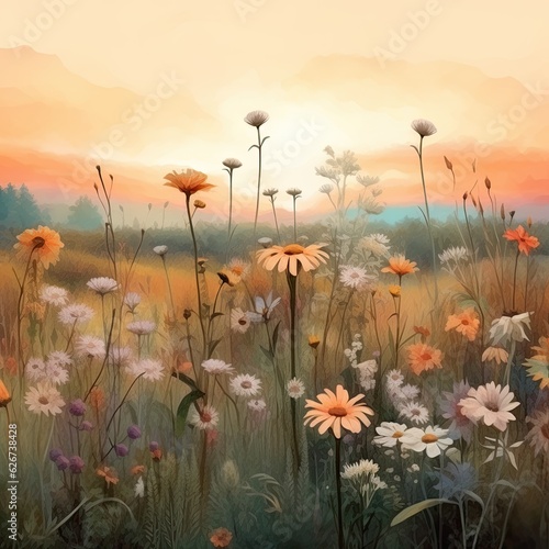 Dreamy Field Flowers Sunset 