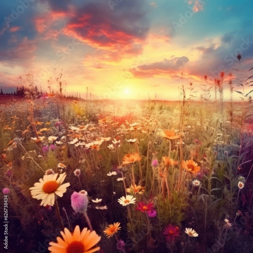 Dreamy Field Flowers Sunset 