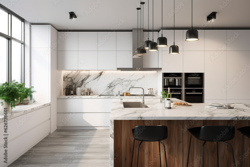 Modern kitchen with black furniture, White marble worktop and ...
