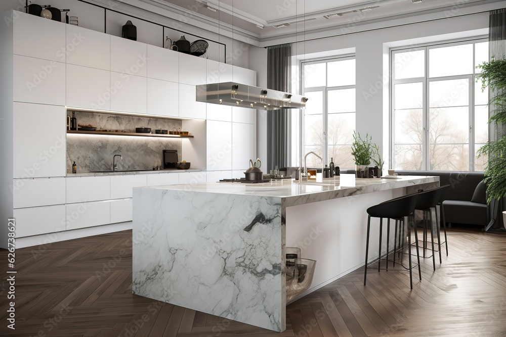 Modern kitchen with black furniture, White marble worktop and