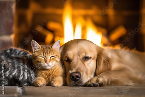 Wallpaper Mural Golden Retriever dog and cat in front of a fireplace. Torontodigital.ca