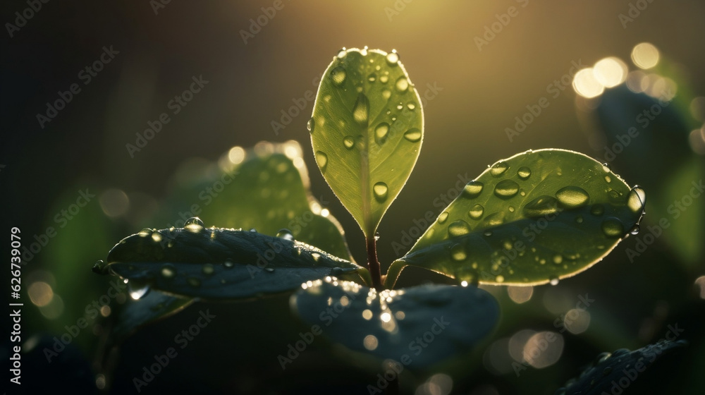 macro of young plant with drops of water in sunlight , illustration, Generative AI macro of young plant with drops of water in sunlight , illustration, Generative AI