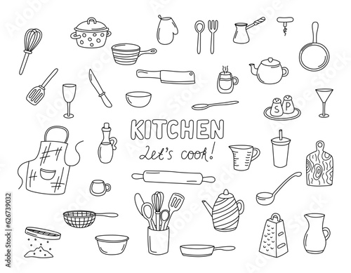 Kitchen doodle elements isolated. Vector illustrations collection of cooking utensils. Kitchenware set. Outline dishes, cutlery, cookware. Hand drawn cute black doodles