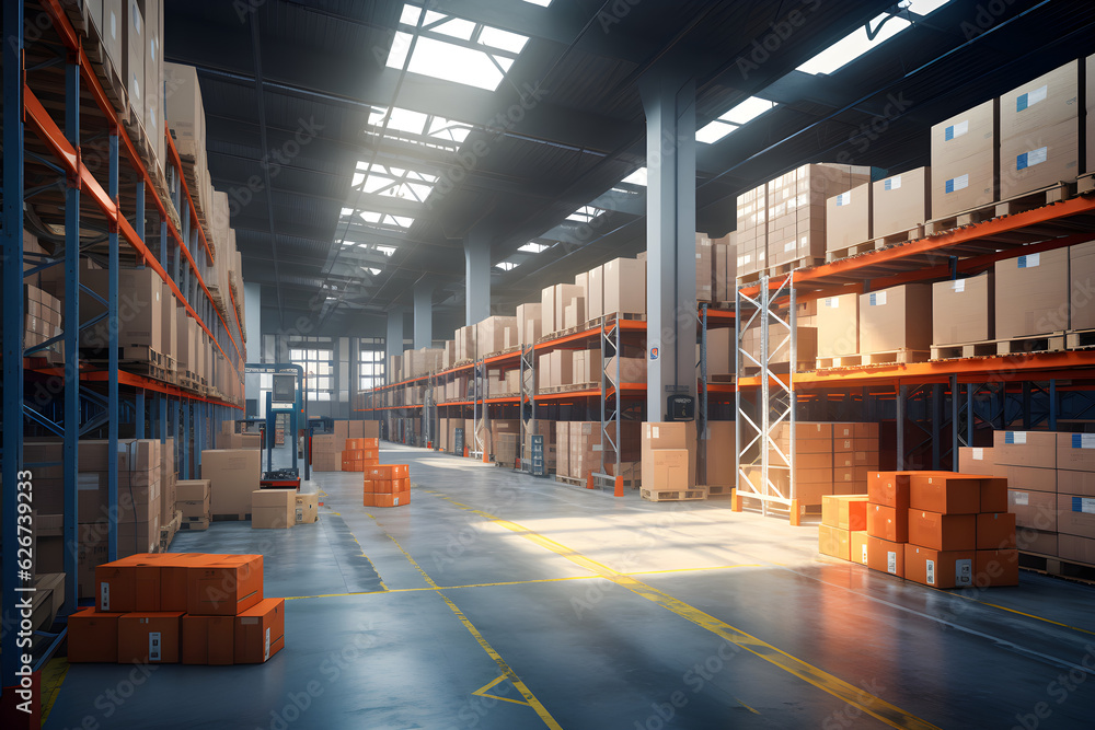 logistics warehouse interior with containers and stacked shelves 3D rendered
