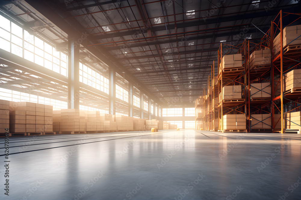 logistics warehouse interior with containers and stacked shelves 3D rendered