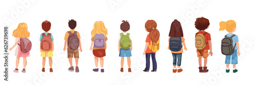 Back view children with backpacks. School children isolated on white background. Big set of students back view. Vector flat cartoon back view illustration.