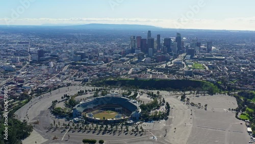 Aerial view of the Los Angeles area cityscape with Dodger Stadium