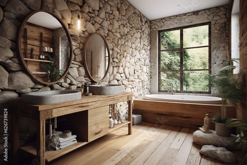 Rustic interior design of modern bathroom with wooden wall and bathtub decorated with solid wood slab. Generative AI
