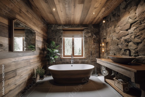 Interior shot of a spacious  white walled bathroom with a wooden floor and a white bathtub. On the floor  a rug. Generative AI