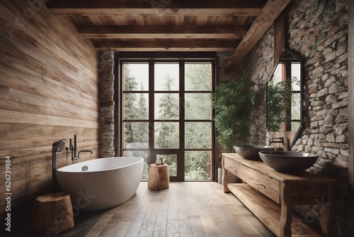 Interior shot of a spacious  white walled bathroom with a wooden floor and a white bathtub. On the floor  a rug. Generative AI