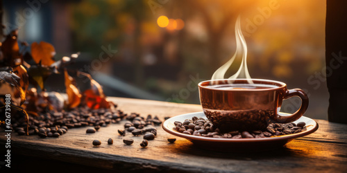 coffee mug on a wooden table filled with hot black coffee, early morning light
