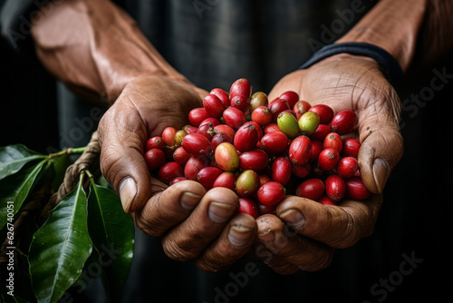 Arabica coffee berries with Hands roBusta farmer and Arabica coffee berries with hands.