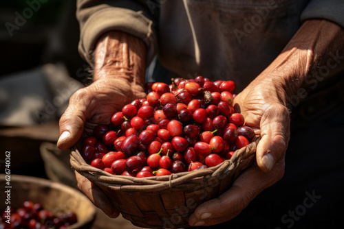 Arabica coffee berries with Hands roBusta farmer and Arabica coffee berries with hands.