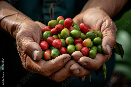 Arabica coffee berries with Hands roBusta farmer and Arabica coffee berries with hands.generative ai