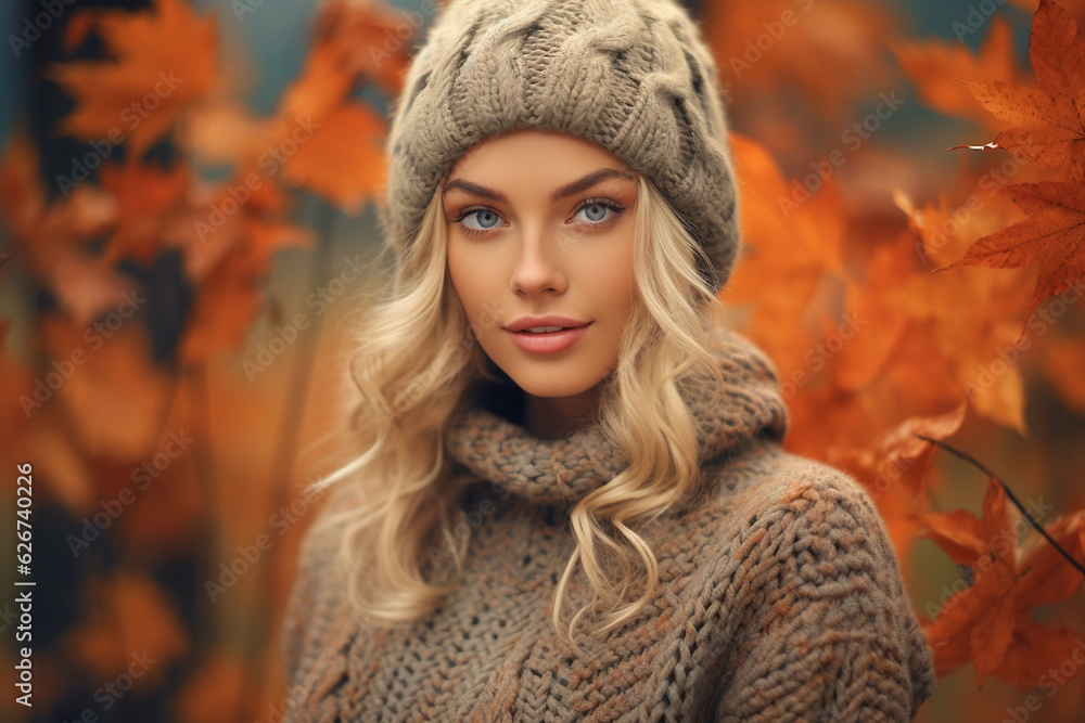 Pretty woman with knitted hat and scarf in autumn forest Pretty woman with knitted hat and scarf in autumn forest