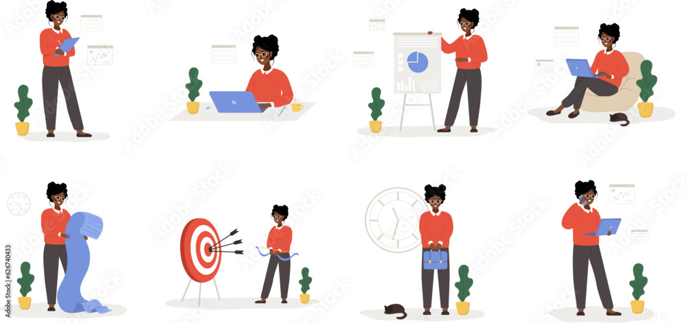 Female entrepreneur. Successful african woman sits with laptop and solves work issues. Modern office worker or business expert. Vector illustration in flat cartoon style. Female entrepreneur. Successful african woman sits with laptop and solves work issues. Modern office worker or business expert. Vector illustration in flat cartoon style.
