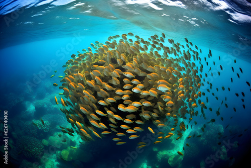 underwater world with shoal of colourful fishes